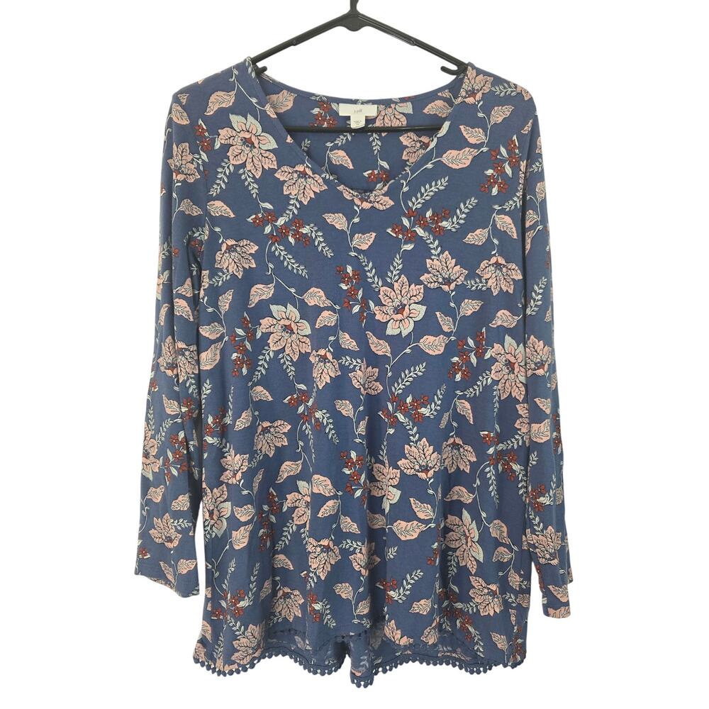 J.Jill Cottage Core Top XS Womens Coquette V Neck Pullover Long Sleeve‎ Blue